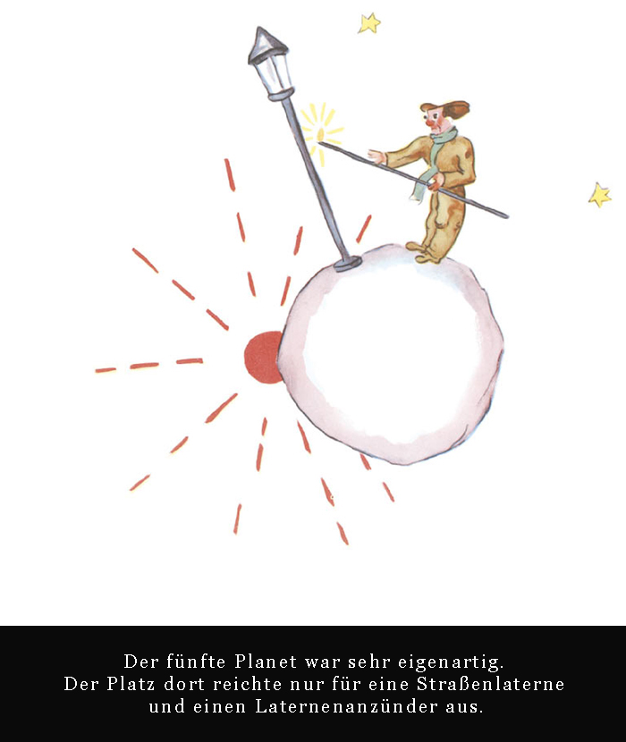 Illustration einer Laterne und eines aternenanzünders auf einem Planeten.