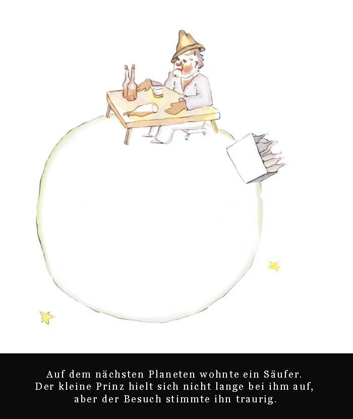 Illustration eines Trinkers am Tisch sitzend auf einem Planeten.