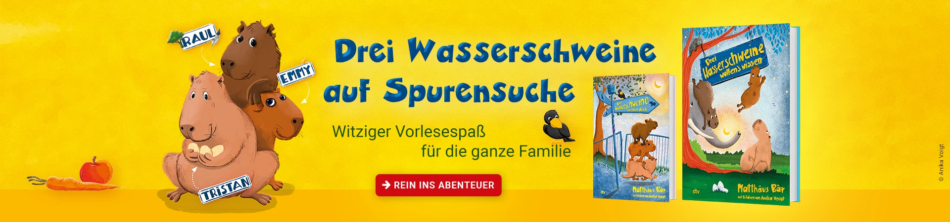 Grafik zu Drei Wasserschweine wollen's wissen von Matthäus Bär. Auf der Grafik sind die Wasserschweine Raul, Emmy und Tristan.