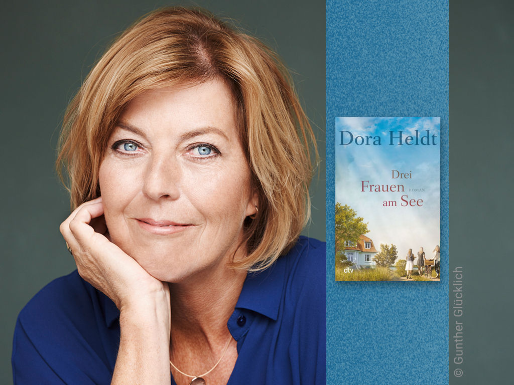 Foto der Autorin Dora Heldt und Buch Drei Frauen am See.