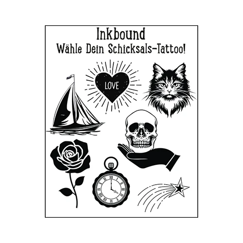 Tattoobogen mit 7 Tattoos aus dem Buch Inkbound