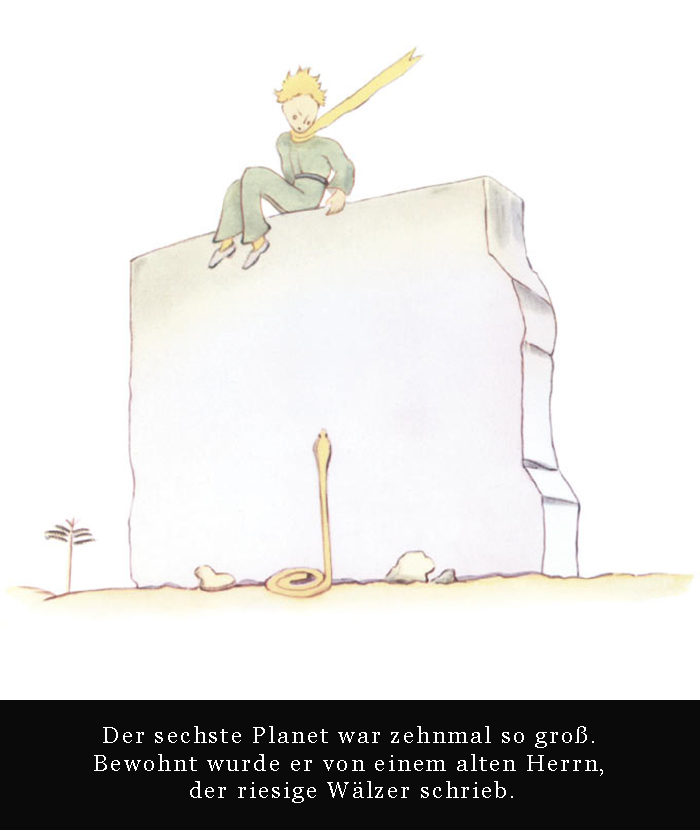 Illustration des Kleinen Prinzen auf einer Mauer, darunter eine Schlange.