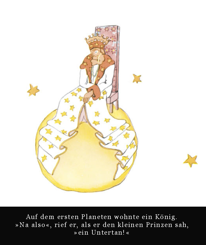 Illustration eines Königs auf einem Thron auf einem Planeten.