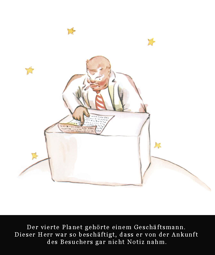 Illustration eines Geschäftsmannes am Schreibtisch auf einem Planeten.