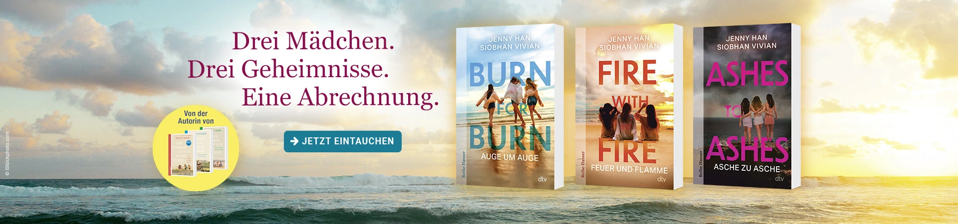 Grafik für Jenny Han Pakt der Herzen-Trilogie. Mit dem Text: Drei Mädchen, drei Geheimnisse, eine Abrechnung.