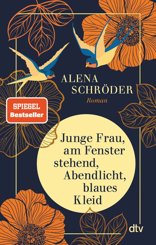 Cover des Buches Junge Frau, am Fenster stehend, Abendlicht, blaues Kleid von Alena Schröder